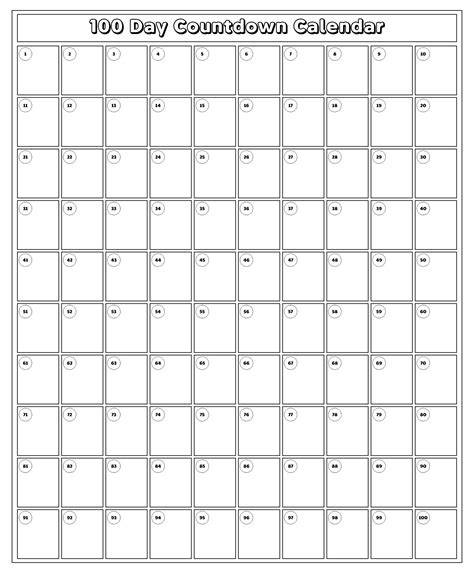 100 Day Countdown Printable