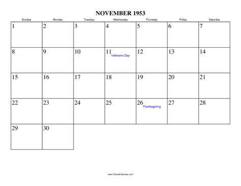 1953 November Calendar