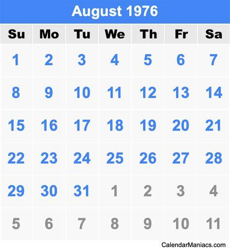 1976 Calendar August