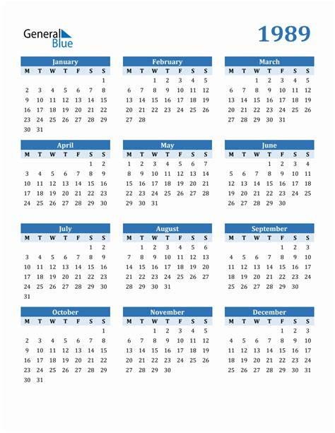 1989 Year Calendar