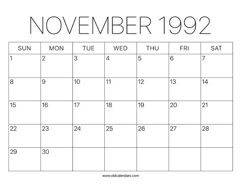 1992 November Calendar