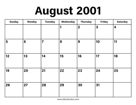 2001 August Calendar