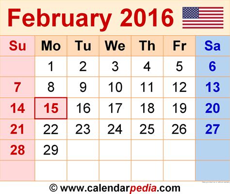 2016 Calendar Feb