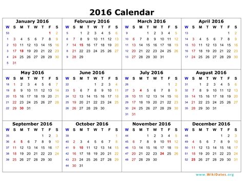 2016 Yearly Calendar