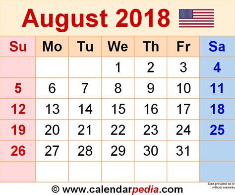2018 Calendar August
