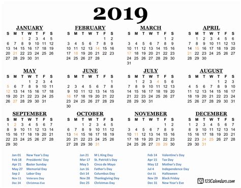2019 Printable Calendar Free