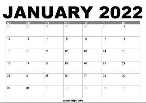 2022 January Calendar