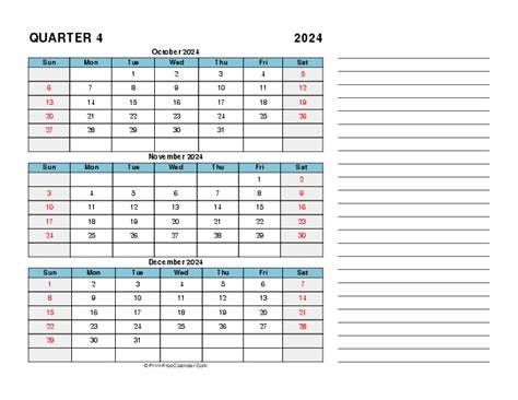 2024 Quarterly Calendar With Notes