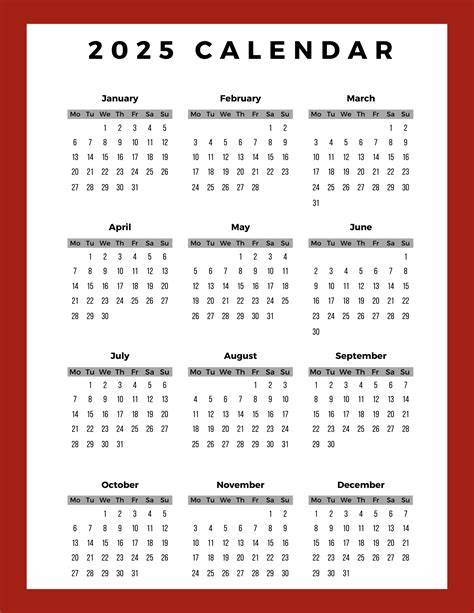 2025 Working Calendar