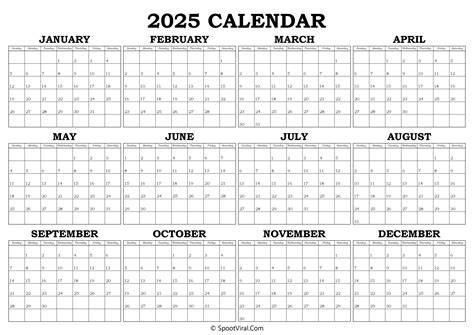 2025 Year Printable Calendar
