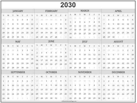 2030 Year Calendar