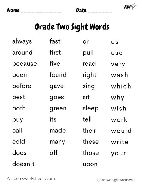 2nd Grade Sight Words Printable