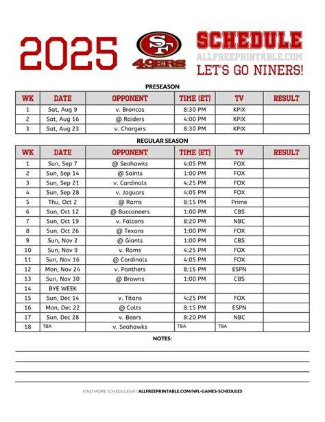 49ers Schedule 2025 Printable