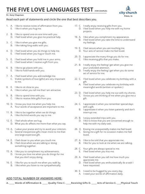 5 Love Languages Quiz Free Printable