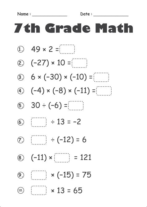 7th Grade Math Worksheets Printable