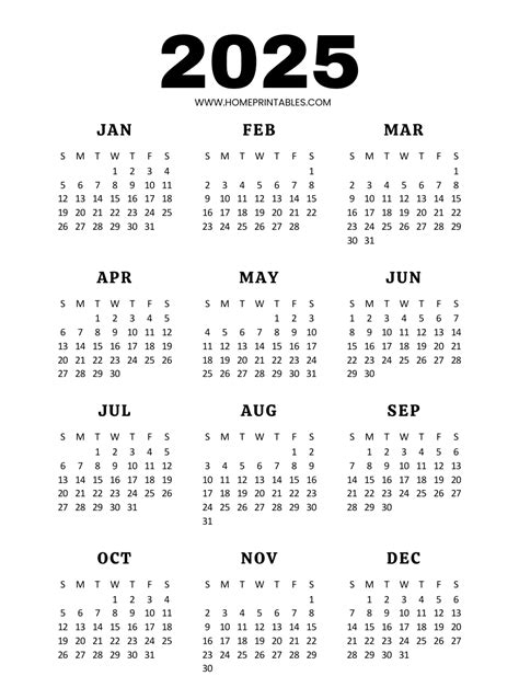 2025 yearly calendar printable one page