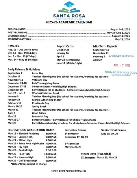santa rosa schools calendar