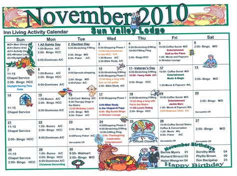 Activity Calendar For Seniors