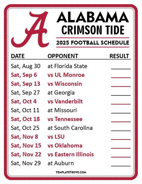 Alabama Football Calendar