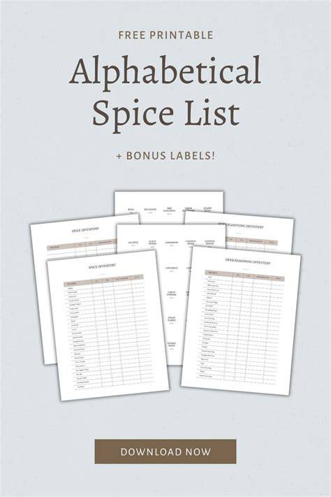 Alphabetical Spice List Printable