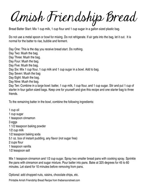 Amish Friendship Bread Printable Recipe