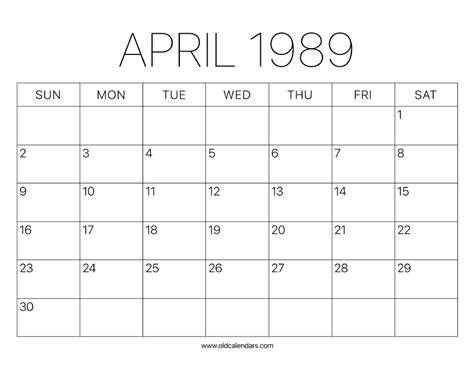 April Calendar 1989