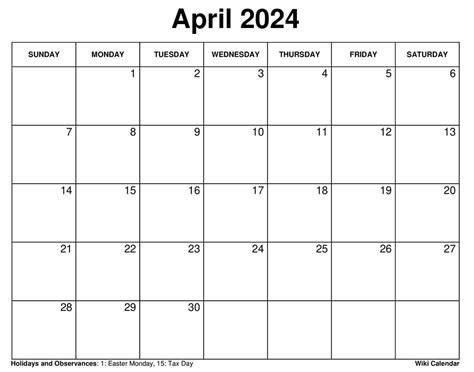 April Calendar 2024 Printable