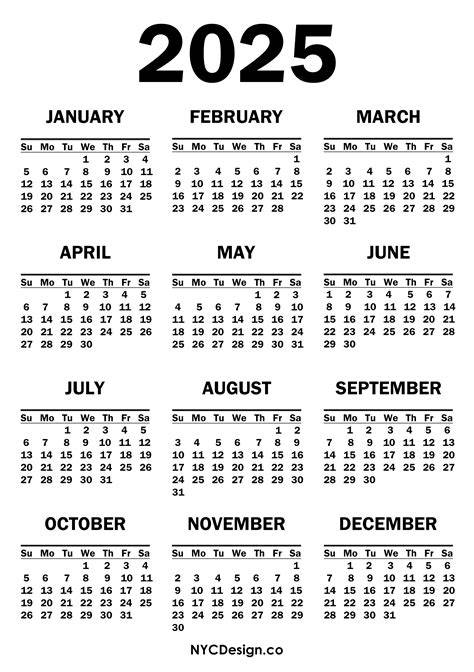 2025 yearly calendar printable one page