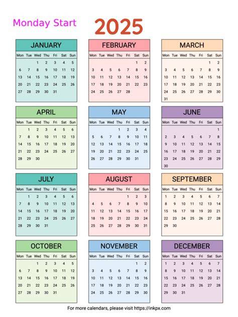 is us calendar start of monday