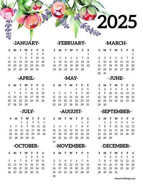 2025 one page calendar