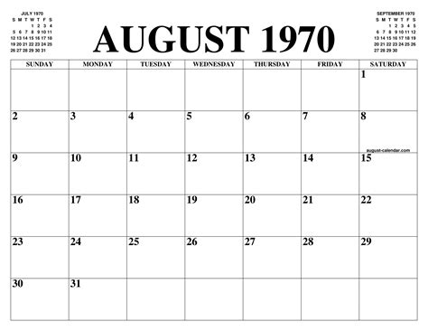 August 1970 Calendar