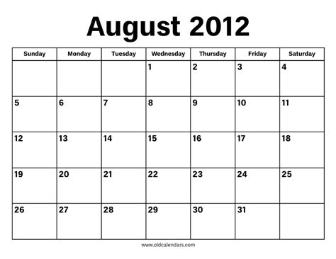 August 2012 Calendar