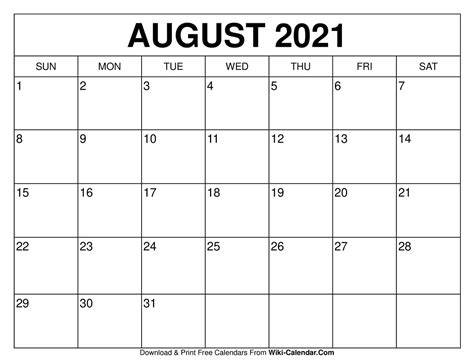 August 2021 Calendar Print