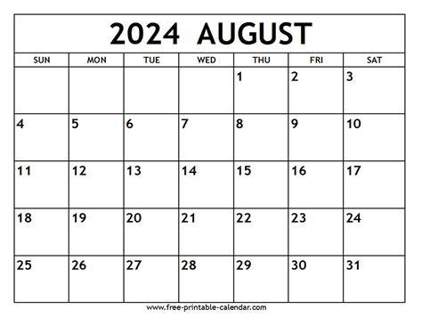 August 2024 Calendar Free Printable