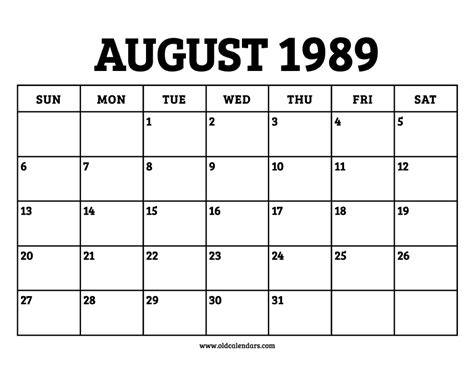 August Calendar 1989