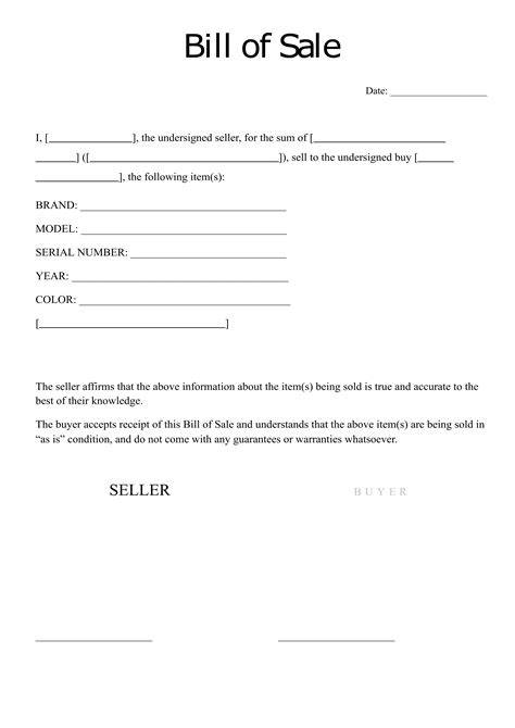 Bill Of Sale Blank Printable