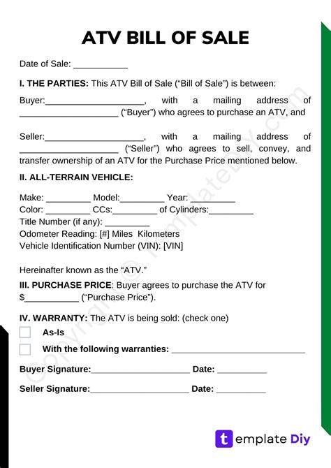 Bill Of Sale For Atv Printable