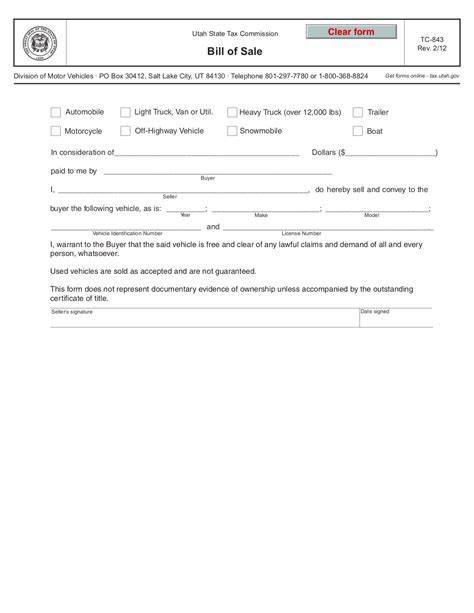 Bill Of Sale Utah Printable