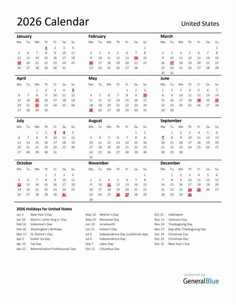 2026 calendar with holidays