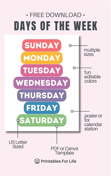 calendar days of the week printables