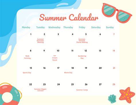 calendar for summer