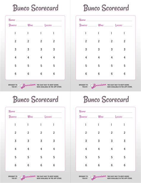 Bunco Cards Printable Free