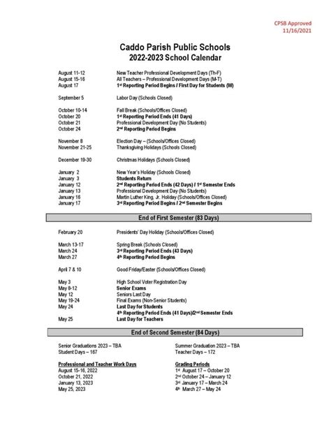 Caddo Parish Calendar