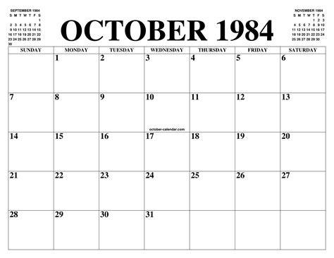 Calendar 1984 October