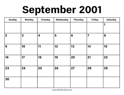 Calendar 2001 September