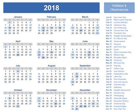 Calendar 2018 Holidays