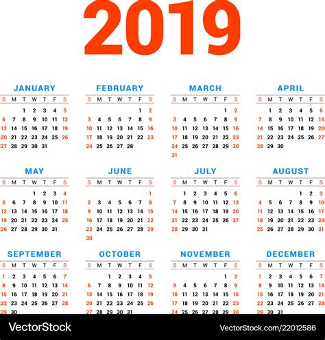 Calendar 2019 Year