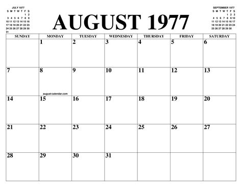 Calendar August 1977