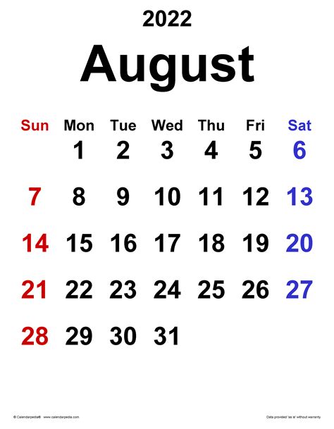 Calendar August 2022