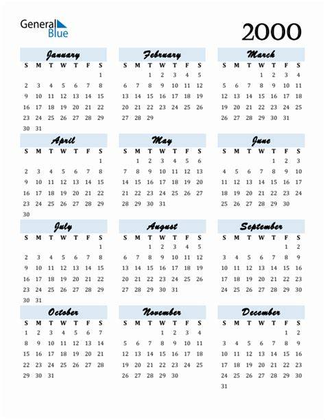 Calendar By Years From 2000